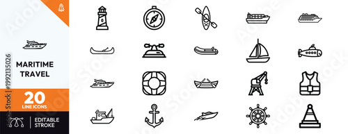Collection of twenty nautical line icons featuring various marine vessels and maritime navigation equipment elements