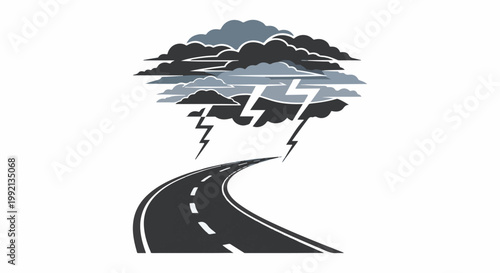 Stormy sky over a winding road with lightning strikes