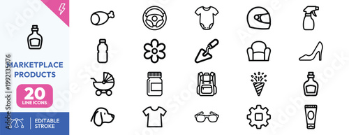 Collection of simple black line icons representing diverse consumer products and marketplace items for design