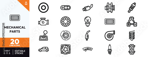 Collection of professional automotive service icons including engine parts suspension systems and vehicle maintenance tools