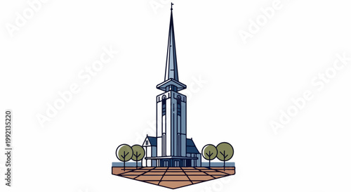 Stylized illustration of a tall church tower with a pointed spire and surrounding trees