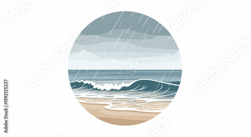 Stormy beach scene with crashing waves and falling rain