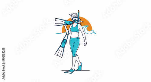Stylized illustration of a woman with snorkeling gear and fins, sun, and waves