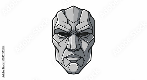 Stylized, angular stone mask with a stern expression and striking features