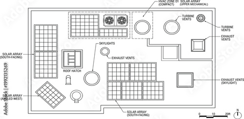 Architectural rooftop plan featuring solar panels, HVAC units, and vents. Illustrates modern building design focused on sustainable energy solutions and efficiency