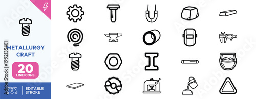 Comprehensive collection of metallurgy and metalworking line icons representing industrial manufacturing processes and heavy machinery