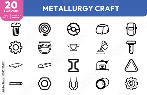 Set of twenty minimalist black line icons representing various metallurgy craft and metal industry equipment.
