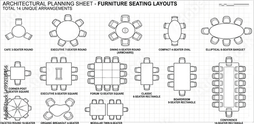 Detailed architectural planning sheet illustrating 14 unique furniture seating arrangements for diverse meeting rooms and event spaces, optimizing layout design and capacity utilization