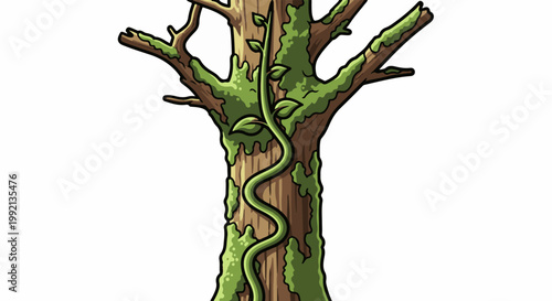 Stylized tree trunk with moss and a curling vine