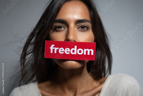 Woman with tape over mouth with freedom text for social issues concepts