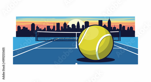 Tennis court with city skyline at sunset and a large tennis ball