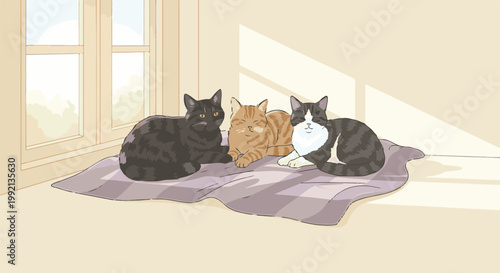 Three cats nap together on a soft blanket by a sunlit window