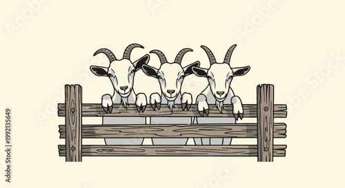 Three curious goats peeking over a rustic wooden fence