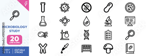 Comprehensive set of linear icons representing microbiology laboratory research scientific experiments and biological study tools