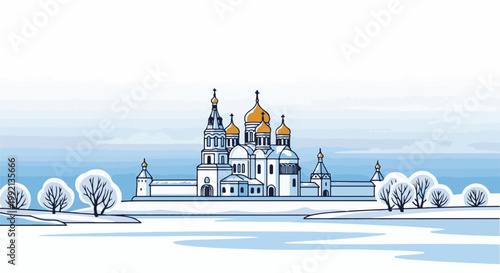 Serene winter landscape featuring a golden-domed religious complex
