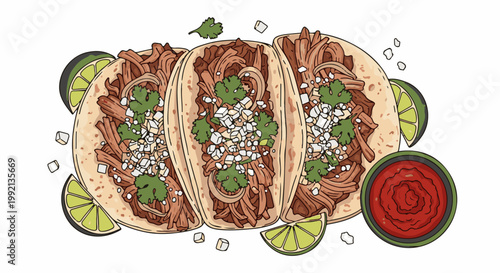 Three delicious pulled pork tacos with lime wedges and salsa dip