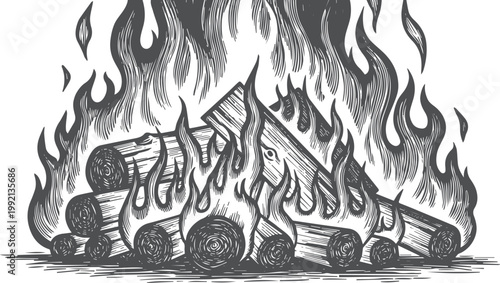 Black and white woodcut of a campfire logs