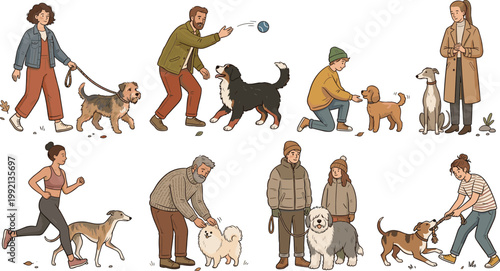 Diverse illustrated scenes capturing people and their beloved dogs engaged in various daily activities, showcasing the strong human-animal bond and pet ownership lifestyle