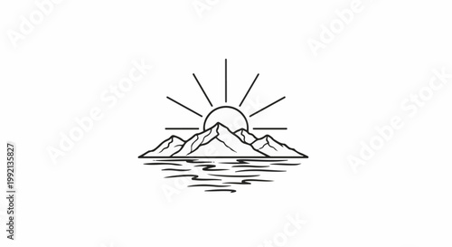 Stylized line art depicts a sunrise over mountains reflected in water