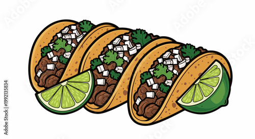 Three savory tacos with lime wedges, seasoned filling, and fresh cilantro