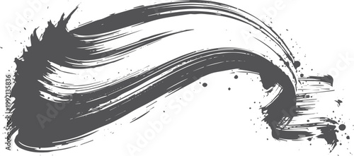 Black ink brush stroke with splatters on white