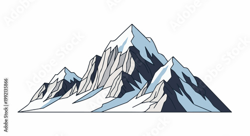 Stylized, snow-capped mountain range in blues, grays, and white