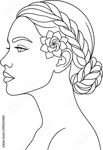 Minimalist line art illustration featuring a serene woman's profile with a gracefully braided updo and a charming floral adornment, symbolizing natural beauty and refined style