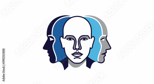 Three stylized human faces layered in profile, with one centered