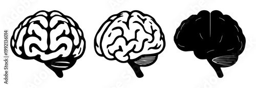 Brain icon set with solid black shapes on white background featuring learning, knowledge, memory with neuroscience and education