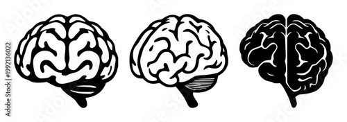 Brain icon set with solid black shapes on white background featuring learning, knowledge, memory with neuroscience and education