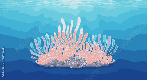 Stylized underwater scene with colorful coral and textured blue water