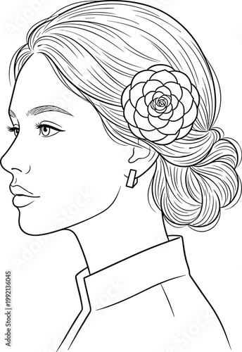 Elegant Woman's Profile with Flower in Hair, Minimalist Line Art Drawing