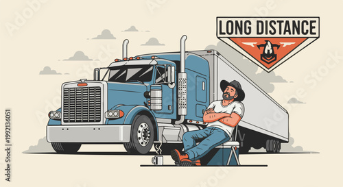 Trucker rests by his big rig with a cowboy hat and coffee