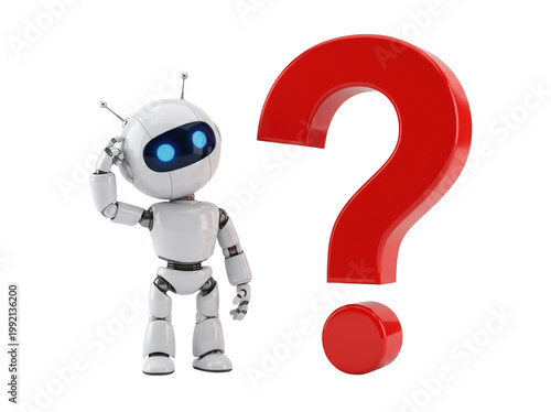 Obraz na płótnie Robot with a question mark symbolizing confusion or a problem artificial intelligence confusion thinking technology robotics curiosity