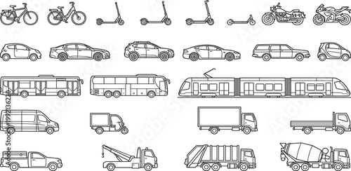 Collection of diverse vehicle icons including bicycles, scooters, motorcycles, cars, buses, trams, vans, trucks, and construction vehicles