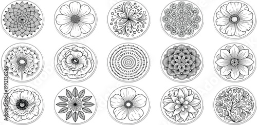Collection of Decorative Circular Floral Designs with Intricate Patterns