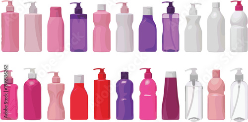 Cosmetic Bottles Collection Set with Pump Dispensers for Skincare, Shampoo, Lotion, and Beauty Product Packaging Design in Various Shapes and Colors