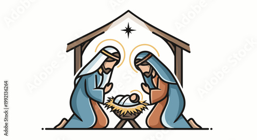 Stylized nativity scene depicting Mary, Joseph, and the baby Jesus in a stable