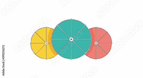 Three colorful circular graphic elements in a row, with divisions