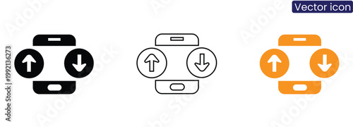 Vector icons of smartwatch with up and down arrows on white background