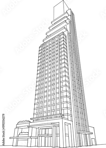 A striking line art illustration of a tall, modern skyscraper with a stepped, pyramidal top, showcasing architectural grandeur and urban design