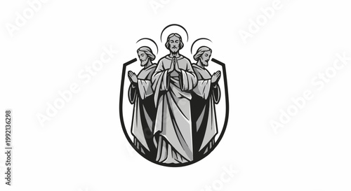 Three figures with halos and praying hands within a shield outline