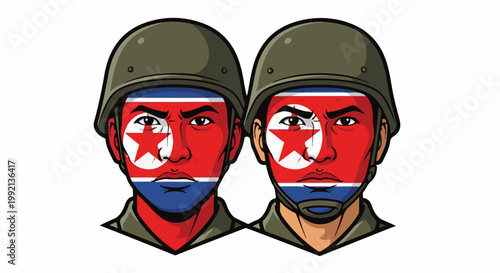 Two soldiers with faces painted as a country flag, wearing helmets