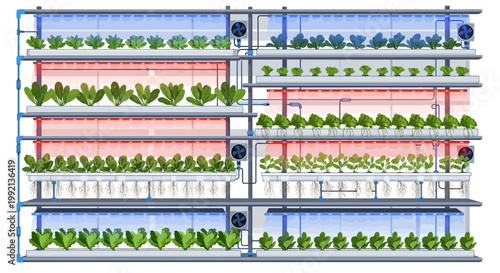 Vertical Hydroponic Farm with LED Grow Lights, Modern Agriculture, Sustainable Food Production
