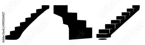 Staircase set with solid black icon on white background featuring icon, minimalist, vector graphics with staircase symbol and navigation cue
