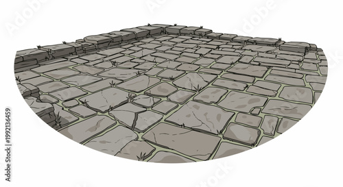 Uneven cobblestone ground with cracks, some grass sprouts between stones