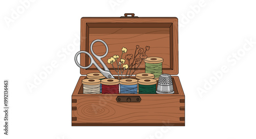 A meticulously crafted wooden sewing box stands open to reveal an assortment of colorful thread spools sharp silver scissors and a textured metal thimble.