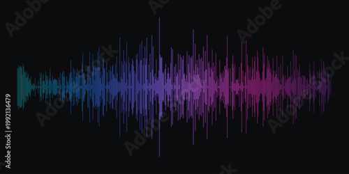Vibrant Audio Spectrum Waveform: A mesmerizing, colorful audio waveform pulses against a dark background, representing the dynamic flow of sound and music, capturing energy of audio.