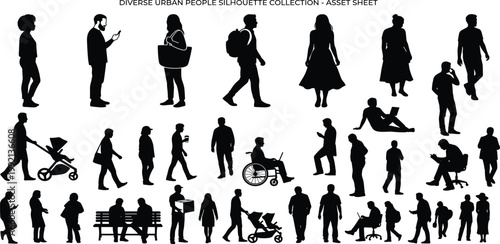 Collection of Diverse Urban People Silhouettes in Various Poses and Activities