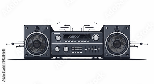 Vintage stereo system with two speakers and connected wires